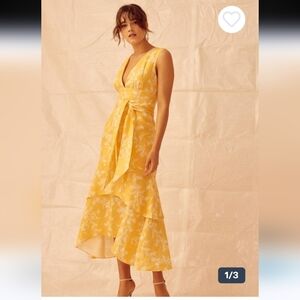 Keepsake The Label Fallen Dress Linen Floral Print Tea Length Sleeveless Golden.